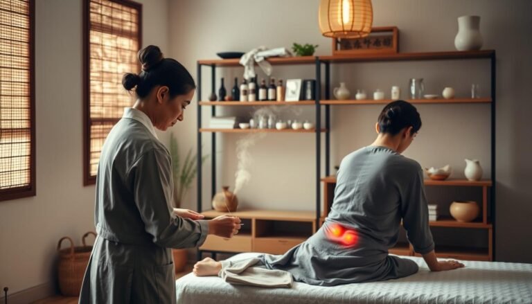 A tranquil traditional Chinese medicine clinic set in Sha Tin, featuring a serene treatment room. In the foreground, a practitioner, dressed in modest professional attire, is skillfully applying moxibustion on a patient’s lower back, gently promoting healing for chronic lumbar and leg pain. The patient, also in modest clothing, appears relaxed and serene. In the middle ground, shelves lined with herbal remedies and acupuncture tools create a holistic ambiance. The background showcases soft, natural lighting filtering through bamboo window treatments, enhancing the calming atmosphere. The overall mood conveys a sense of comfort and trust, emphasizing the unique advantages of traditional Chinese therapies for pain relief.