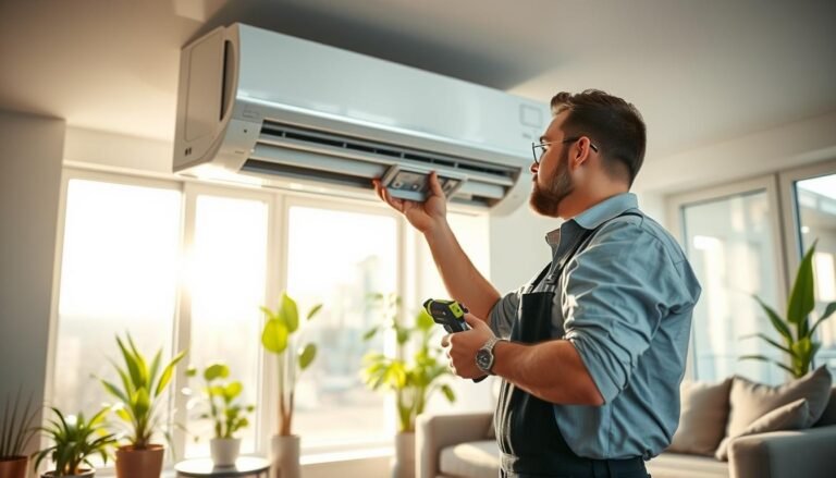 A well-maintained air conditioning unit in a bright, modern living room. In the foreground, a professional technician in smart casual attire is inspecting the unit, using specialized tools to check for efficiency and cleanliness. The middle section features the air conditioning unit with visible clean filters and components. In the background, large windows allow natural light to flood the room, illuminating potted plants and a comfortable sofa, conveying a fresh and inviting atmosphere. The mood is focused and proactive, highlighting the importance of regular maintenance to enhance performance. Soft, warm lighting enhances the feeling of comfort and care in the space. The image should avoid any text or branding elements.