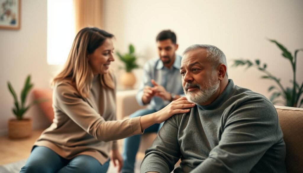 A compassionate family member supporting an individual undergoing anxiety treatment. In the foreground, the family member, a woman in modest casual clothing, sits attentively next to a man in a therapy session, offering a reassuring hand on his shoulder. In the middle, a therapist is guiding them, creating an environment of trust and understanding. In the background, soft, warm lighting fills a cozy therapy room with calming colors, plush seating, and plants. The atmosphere is serene and supportive, emphasizing connection. The scene is framed in a close-up angle to capture the intimacy and emotional support in this crucial moment, promoting a sense of hope and positivity.