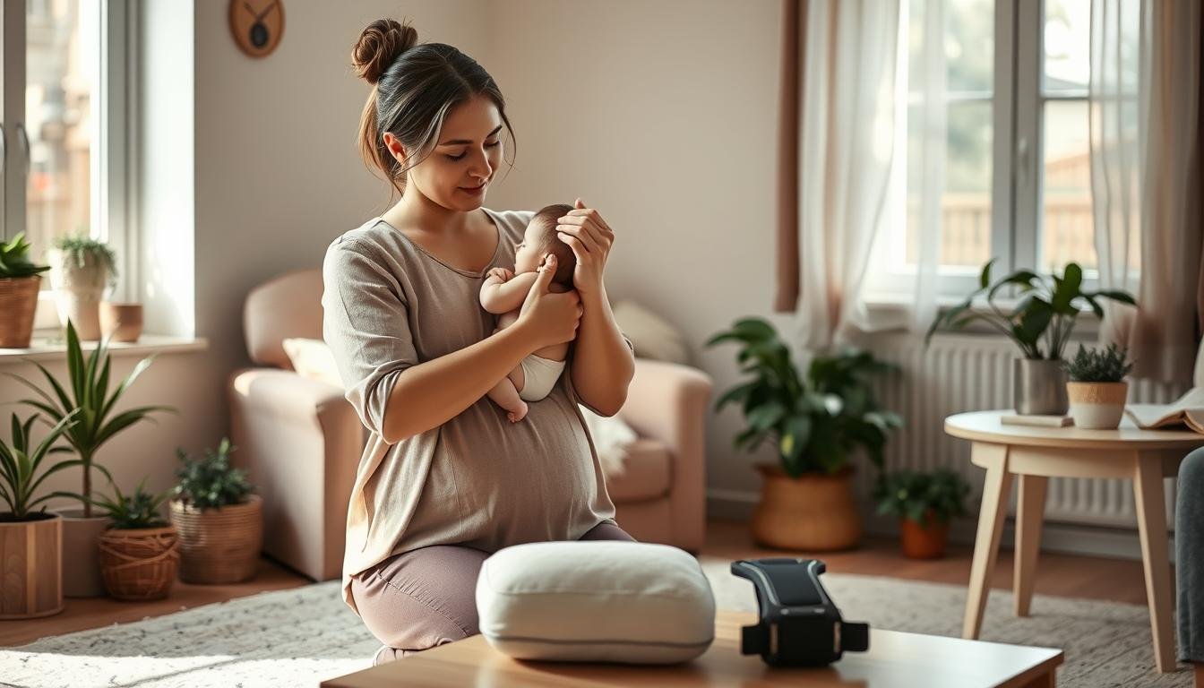 A warm, inviting home setting featuring a postpartum mother gently cradling her baby in one arm while using the other to support her wrist with a gentle stretch. In the foreground, a soothing atmosphere is created with a soft, well-lit space filled with decorative, calming elements like houseplants and soft textiles. The mother, dressed in modest, comfortable clothing, has a serene expression that conveys both care for her baby and self-awareness of her own discomfort. In the middle ground, a small table holds various supportive tools for wrist pain relief, such as a warm compress and ergonomic wrist support. In the background, light streaming through a nearby window enhances the peaceful ambiance, highlighting the importance of self-care and treatment for wrist pain. The overall mood is one of tranquility and hope, emphasizing supportive home remedies.