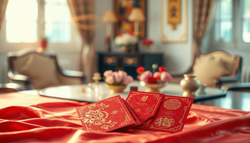 A beautifully arranged scene depicting traditional red envelopes (红包) as symbols of prosperity, adorned with intricate gold designs. In the foreground, a pair of elegant, symbolic red envelopes sits atop a richly textured silk cloth, showcasing various denominations, emphasizing even amounts for good luck. In the middle ground, a softly lit table is adorned with decorative elements like fresh flowers and small, traditional ornaments, suggesting a celebratory atmosphere. The background features a subtle blur of an elegant home setting, contributing to a warm and inviting mood. Golden light filters in through the windows, casting a gentle glow on the envelopes and enhancing their significance. The overall scene radiates prosperity and the importance of familial sincerity, perfect for the theme of wedding traditions and monetary gifts.