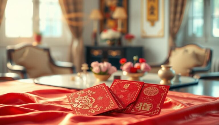 A beautifully arranged scene depicting traditional red envelopes (红包) as symbols of prosperity, adorned with intricate gold designs. In the foreground, a pair of elegant, symbolic red envelopes sits atop a richly textured silk cloth, showcasing various denominations, emphasizing even amounts for good luck. In the middle ground, a softly lit table is adorned with decorative elements like fresh flowers and small, traditional ornaments, suggesting a celebratory atmosphere. The background features a subtle blur of an elegant home setting, contributing to a warm and inviting mood. Golden light filters in through the windows, casting a gentle glow on the envelopes and enhancing their significance. The overall scene radiates prosperity and the importance of familial sincerity, perfect for the theme of wedding traditions and monetary gifts.