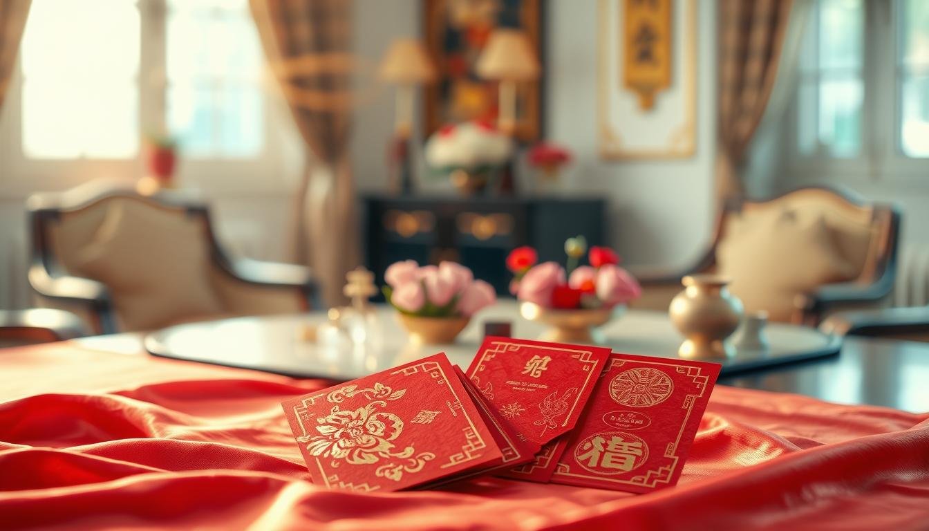 A beautifully arranged scene depicting traditional red envelopes (红包) as symbols of prosperity, adorned with intricate gold designs. In the foreground, a pair of elegant, symbolic red envelopes sits atop a richly textured silk cloth, showcasing various denominations, emphasizing even amounts for good luck. In the middle ground, a softly lit table is adorned with decorative elements like fresh flowers and small, traditional ornaments, suggesting a celebratory atmosphere. The background features a subtle blur of an elegant home setting, contributing to a warm and inviting mood. Golden light filters in through the windows, casting a gentle glow on the envelopes and enhancing their significance. The overall scene radiates prosperity and the importance of familial sincerity, perfect for the theme of wedding traditions and monetary gifts.