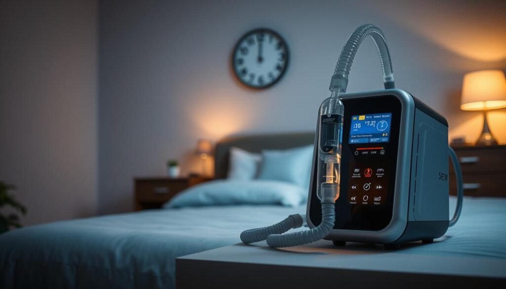 A modern sleep apnea machine prominently displayed in the foreground, showcasing its sleek design with illuminated control panel and air tubes. The middle ground features a softly lit bedroom environment, with a neatly made bed and calming wall colors to evoke a sense of tranquility and safety. In the background, a wall clock shows nighttime, emphasizing the importance of sleep, while a gentle dim light creates a warm, inviting atmosphere. The scene captures a sense of reliability and comfort, with soft shadows enhancing the machine’s features. The image should convey professionalism and safety in the design of medical equipment, focusing on the balance between technology and a peaceful sleeping environment.