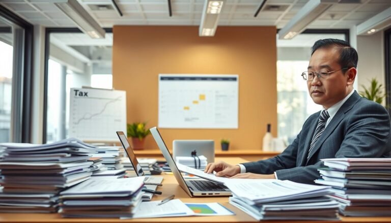 A professional office space bustling with activity, featuring an accountant at a desk surrounded by organized stacks of financial documents and a laptop displaying charts. The foreground shows the accountant, a middle-aged Asian man in business attire, meticulously reviewing daily financial records. In the middle, a large wall calendar and tax documents are prominently displayed, symbolizing tax filing deadlines. The background reveals a bright, modern office with large windows letting in natural light, creating a warm, focused atmosphere. Soft shadows and vibrant colors accentuate the professionalism and diligence of accounting services. The overall mood conveys trust, efficiency, and responsibility in managing business finances and tax compliance, ideal for supporting SMEs.
